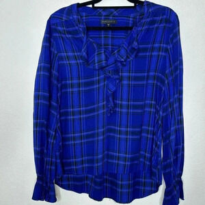Sanctuary blue plaid rayon ruffle top size large